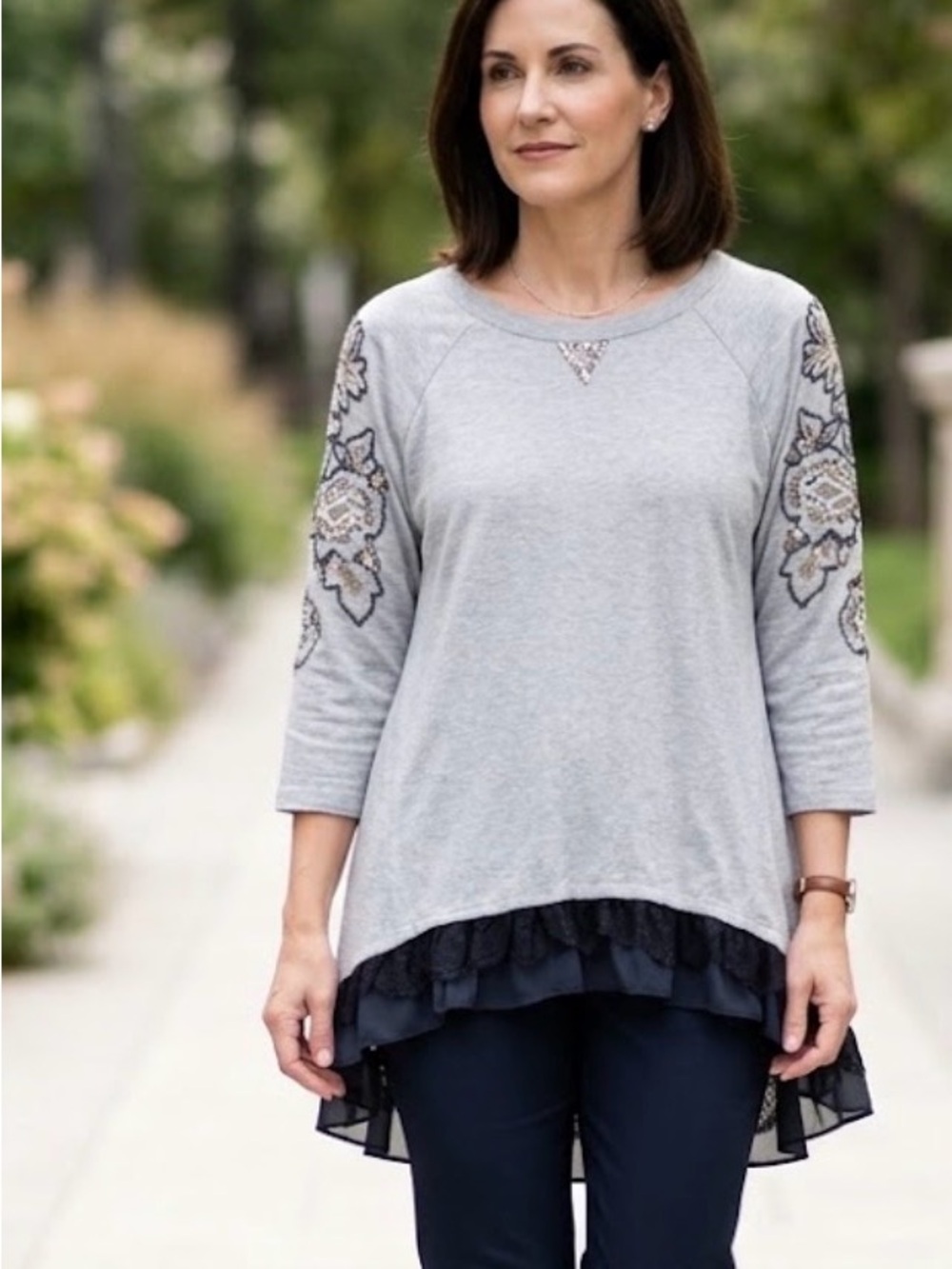 Logo Lavish LigthGray Embellished Sleeve Layered-Hem Women's Top